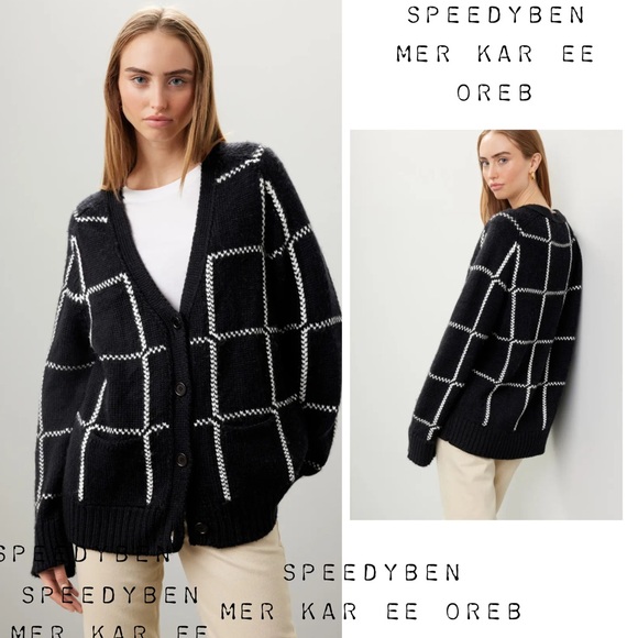 ANINE BING Kurt Cardigan Black & White Plaid Large - Picture 3 of 16